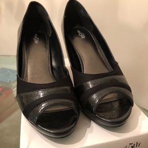 East 5th Black Open Toe Heels